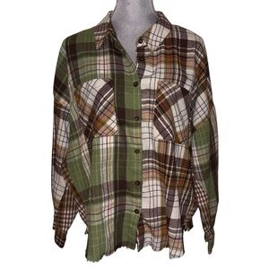 Loveriche Patchwork Plaid Button-Down Shirt Raw Hem